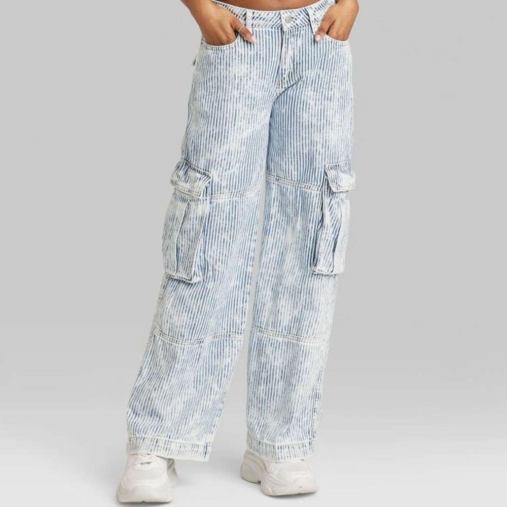 Target Wild Fable Striped Cargo Pants Cotton Blue White Wide Leg 6/8